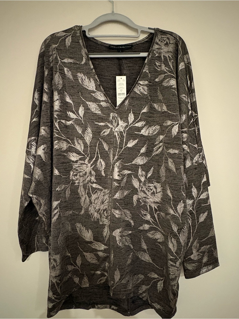 NWT White House Black Market Charcoal Gray Floral V-Neck Tunic